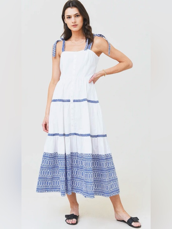 Oliphant Dresses & Skirts - Oliphant Tie Strap Button Cotton Poplin Midi Dress in Mykonos Large